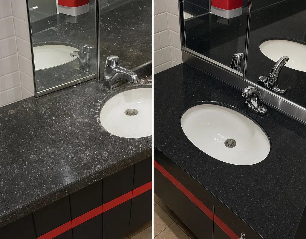 Before-and-after view of a commercial restroom countertop with buildup removed and fixtures polished