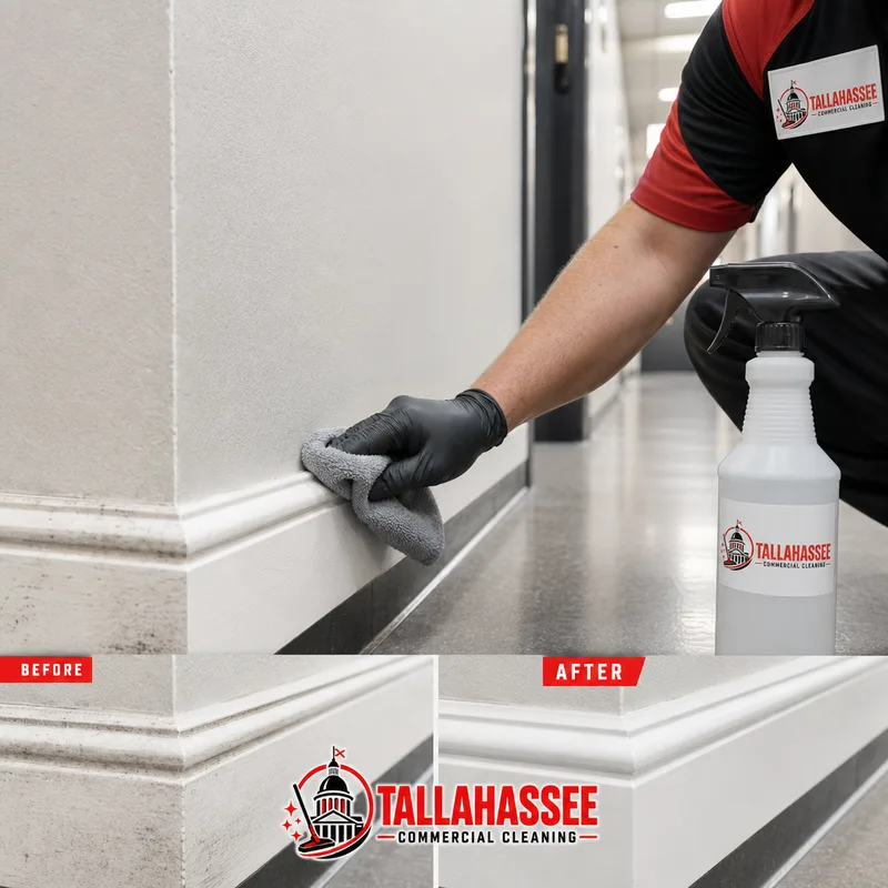 Technician removing a visible dust line while detailing baseboards and corners in a commercial hallway