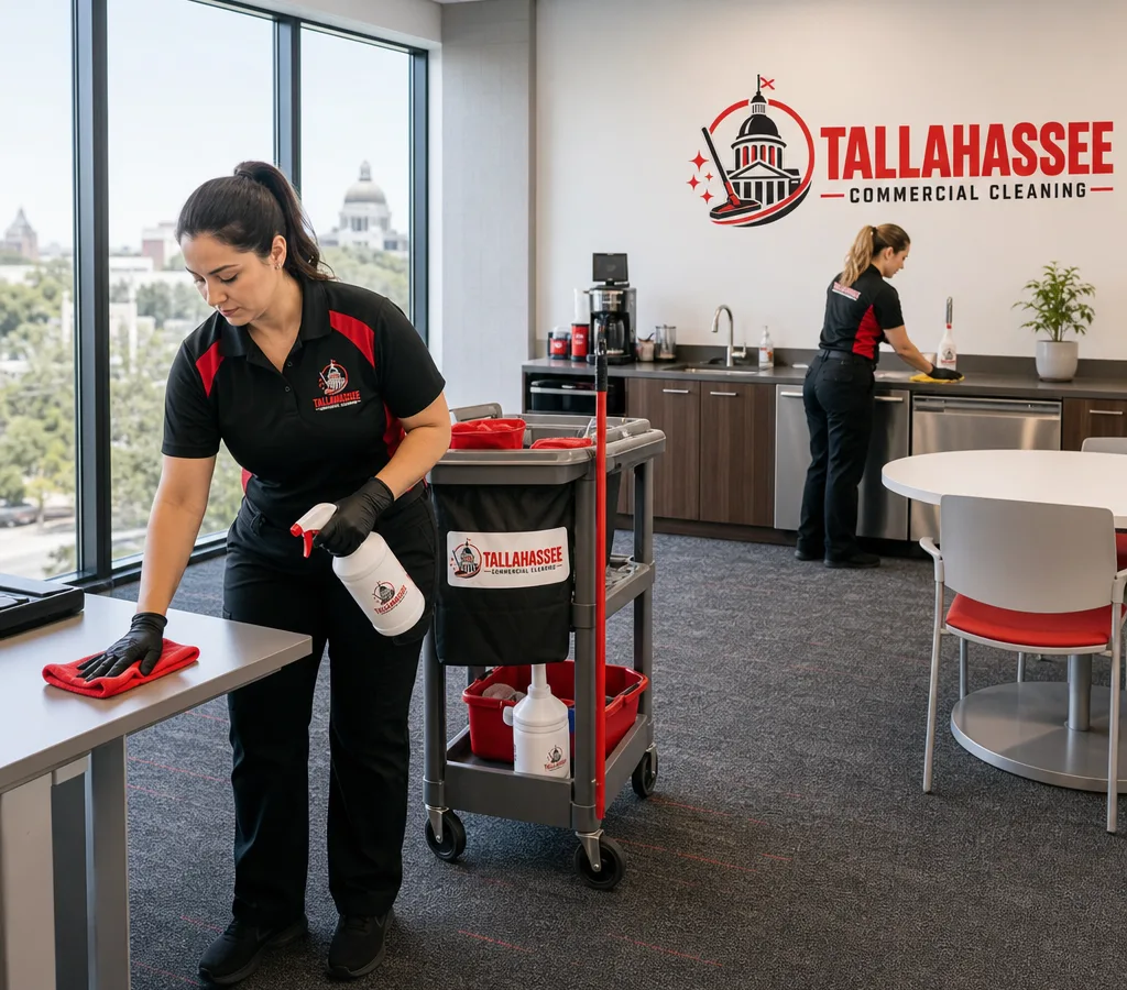Professional cleaners performing a detailed commercial deep clean in a Tallahassee office