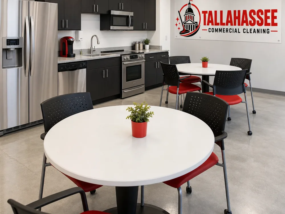 Finished commercial breakroom with clean appliances, cabinet fronts, tables, and debris-free floor edges