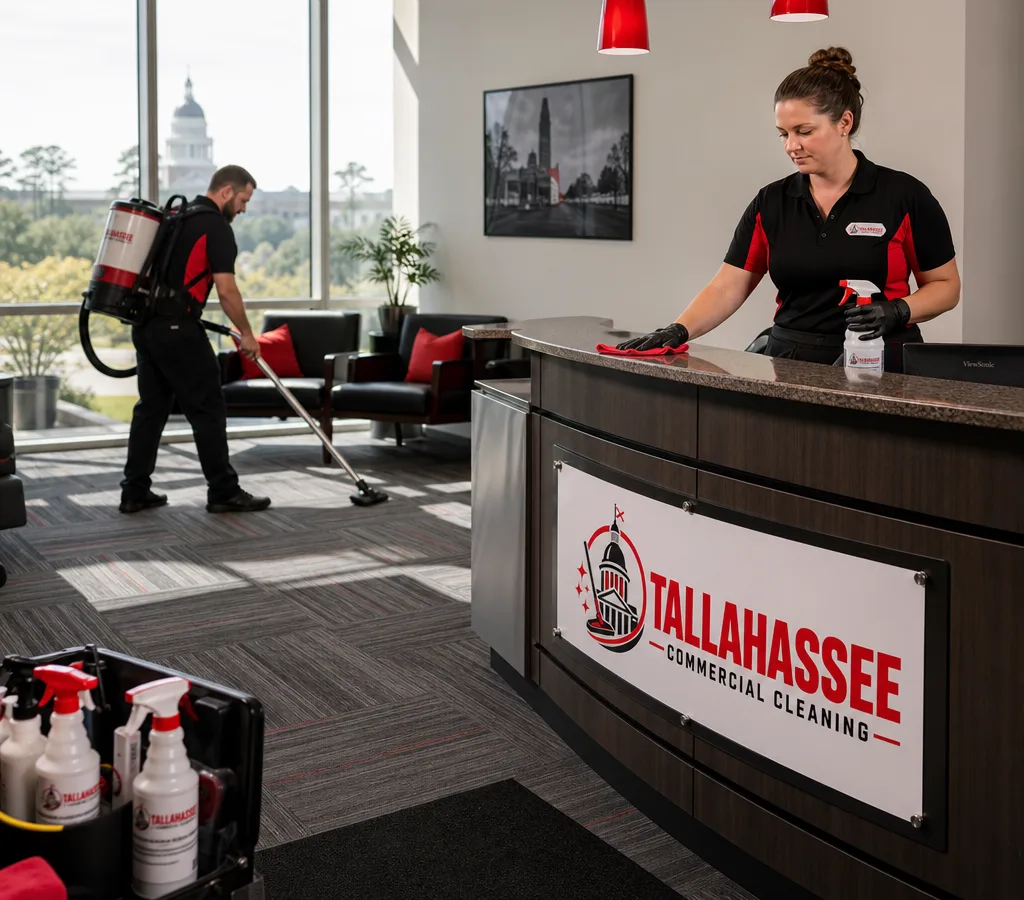 Technician cleaning an office reception area in a modern Tallahassee commercial suite