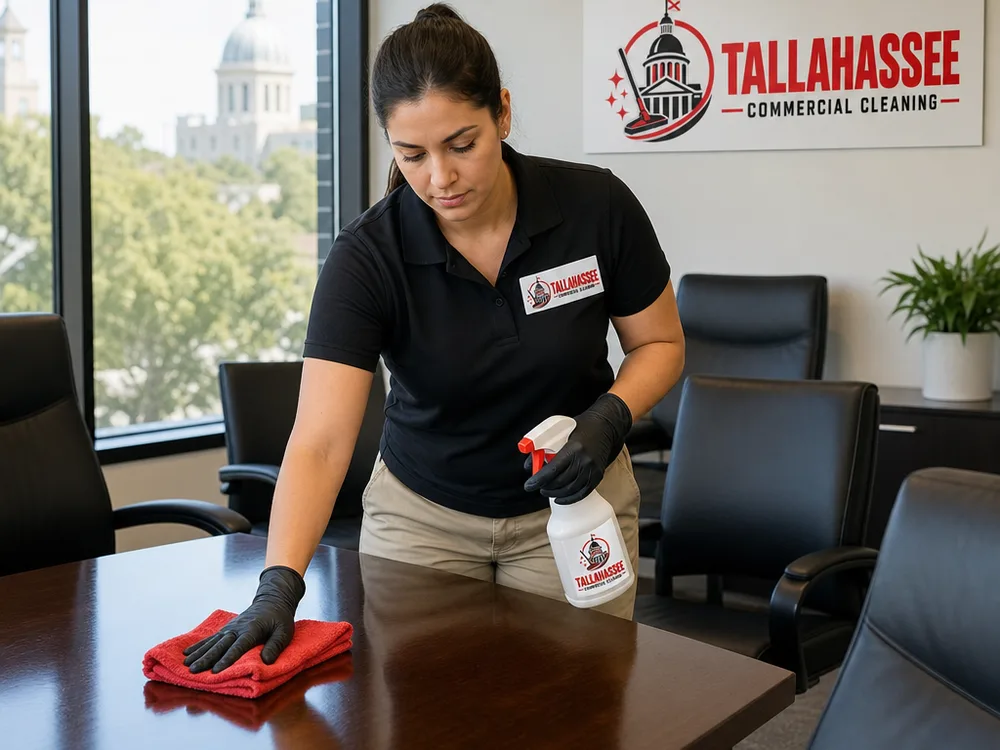 Cleaner disinfecting a conference room table and chair arms in a professional office