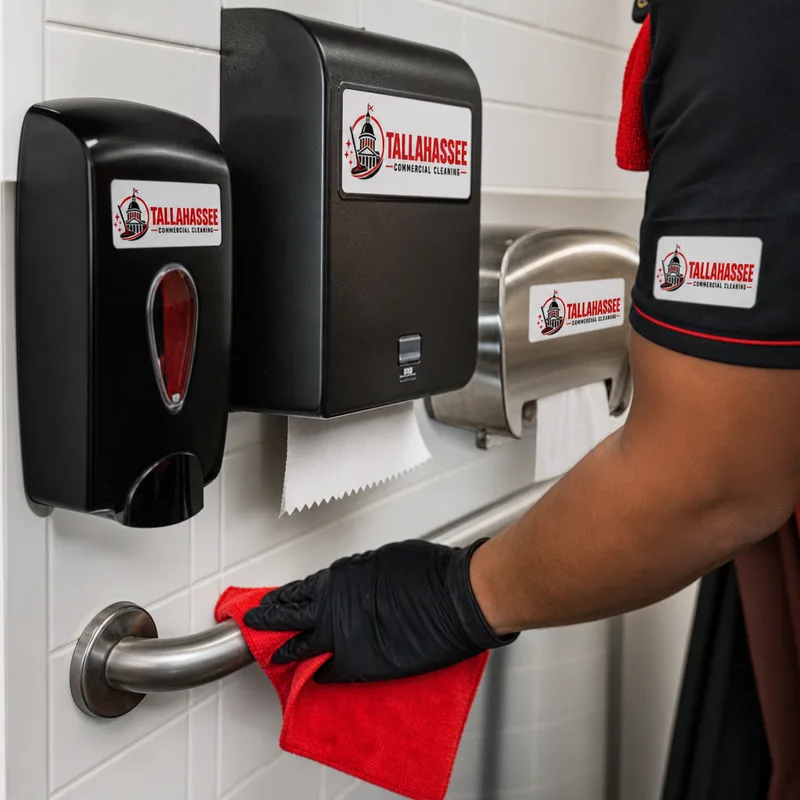 Stocked restroom dispensers and cleaner wiping fixtures with color-coded microfiber cloths