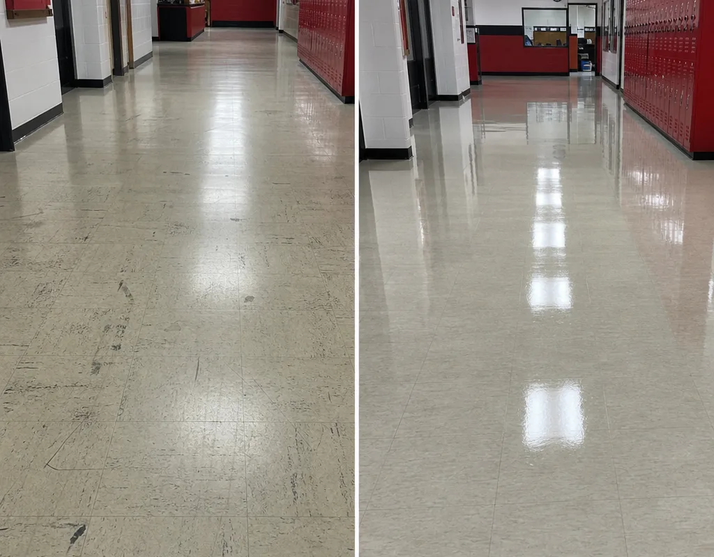 Before and after VCT hallway with scuffs removed and even gloss restored