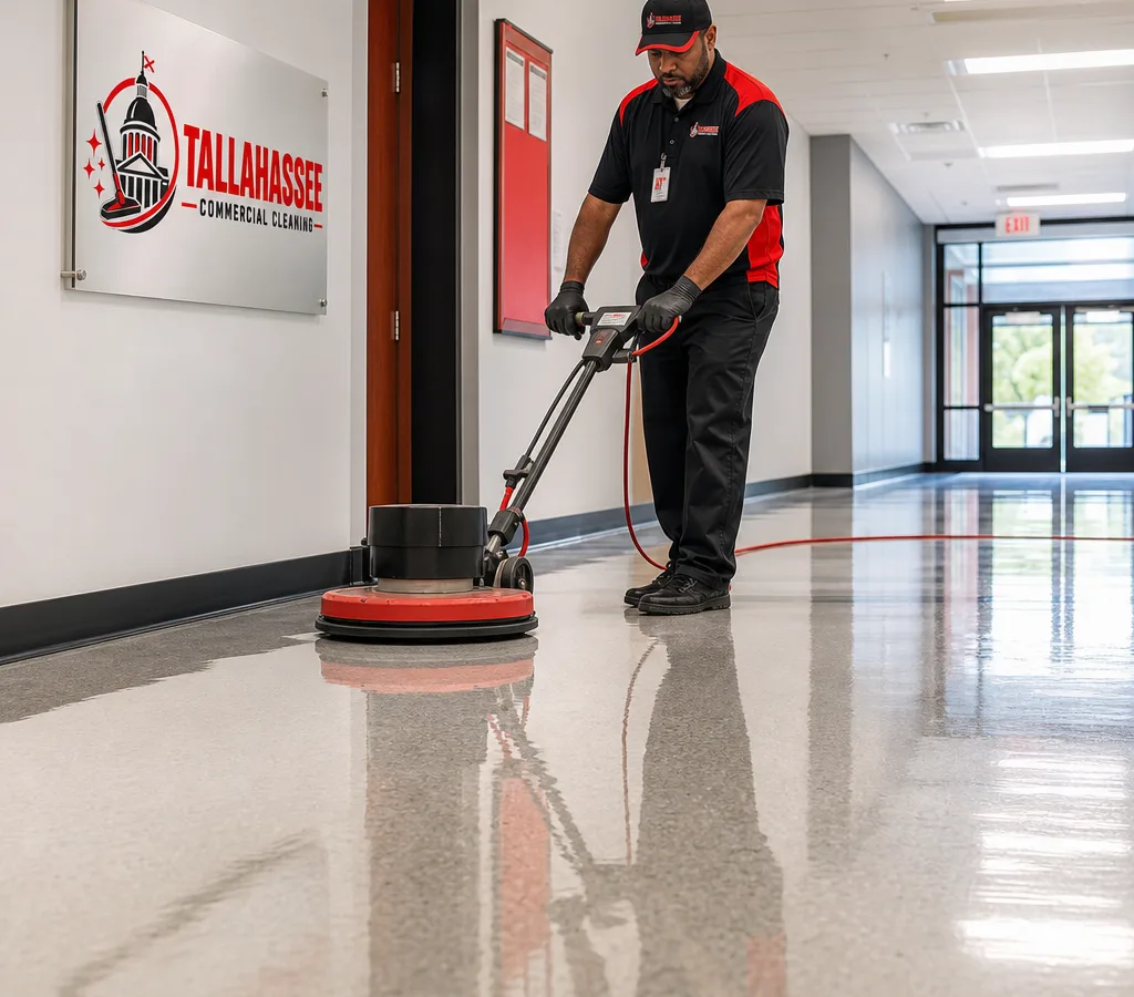 Technician burnishing a finished VCT floor in an occupied commercial hallway