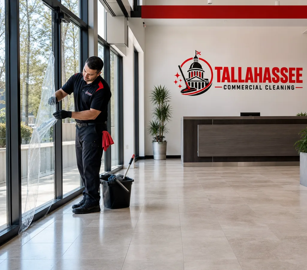 Cleaner removing protective film and fine dust in a newly finished Tallahassee commercial interior