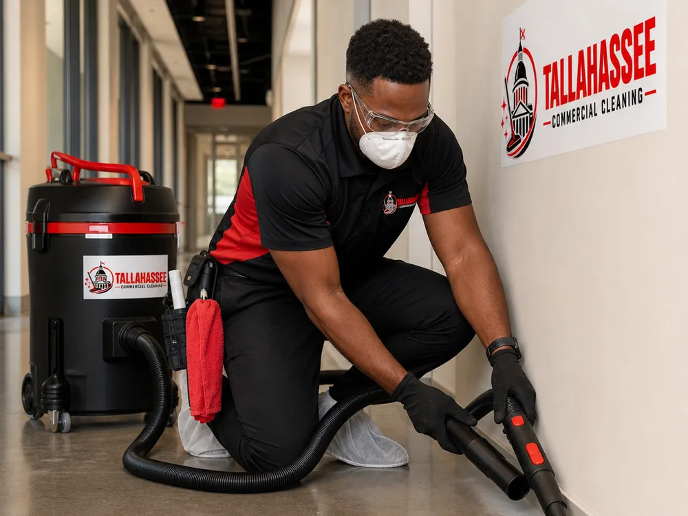Cleaner using a HEPA vacuum and microfiber system in a newly completed commercial corridor
