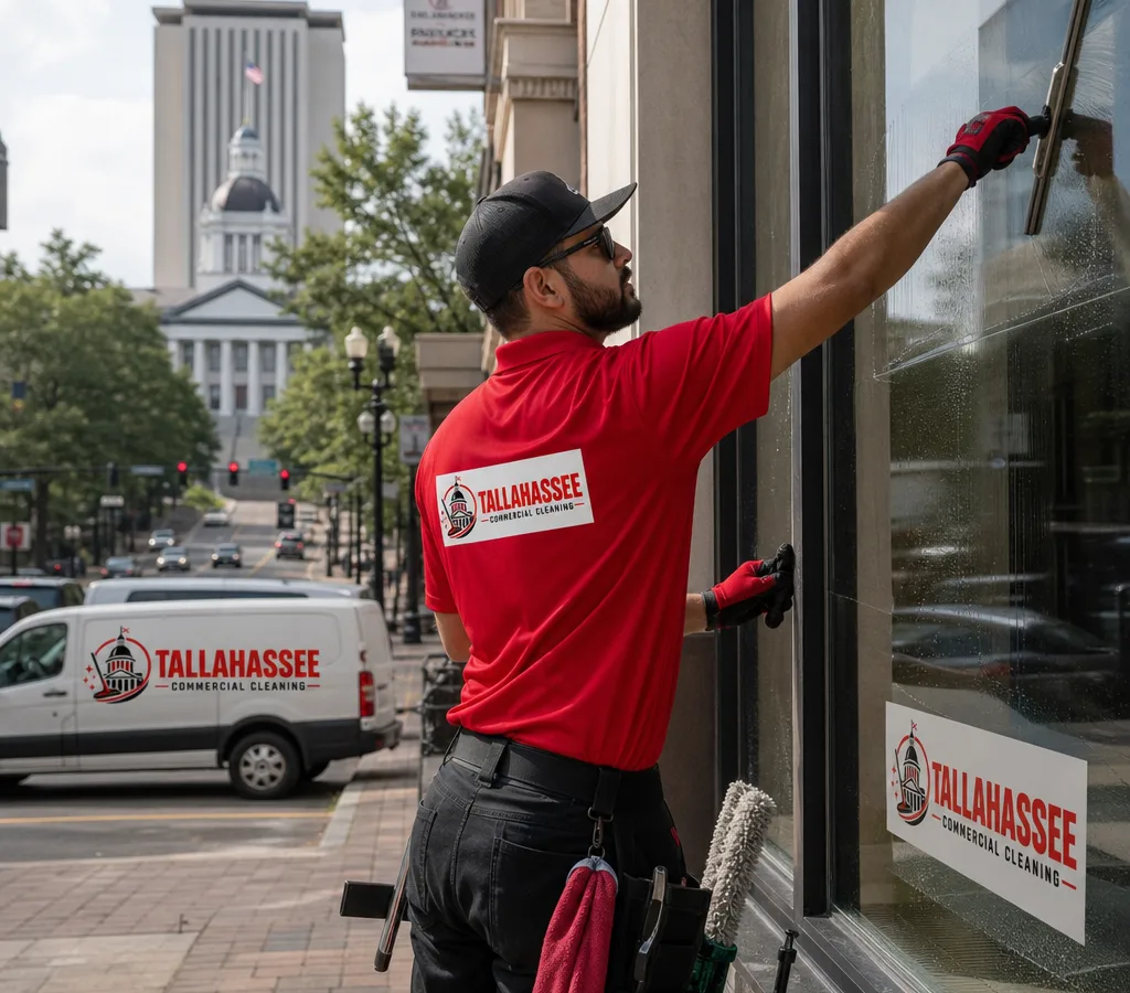 Technician cleaning large commercial storefront windows with a squeegee against a Tallahassee streetscape