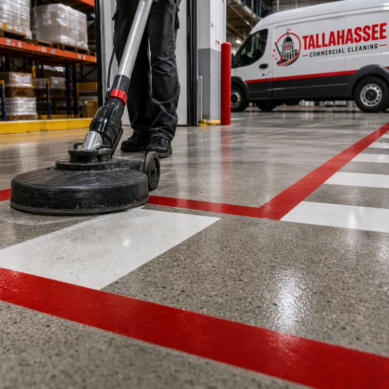 Clean, dry concrete and safety striping at a warehouse crosswalk after floor scrubbing