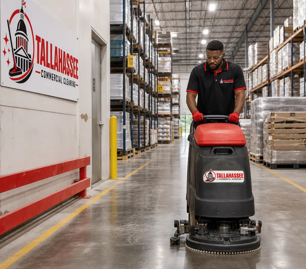 Cleaning technician using an auto-scrubber in a daylit industrial facility aisle with marked walkways, pallets, and racking