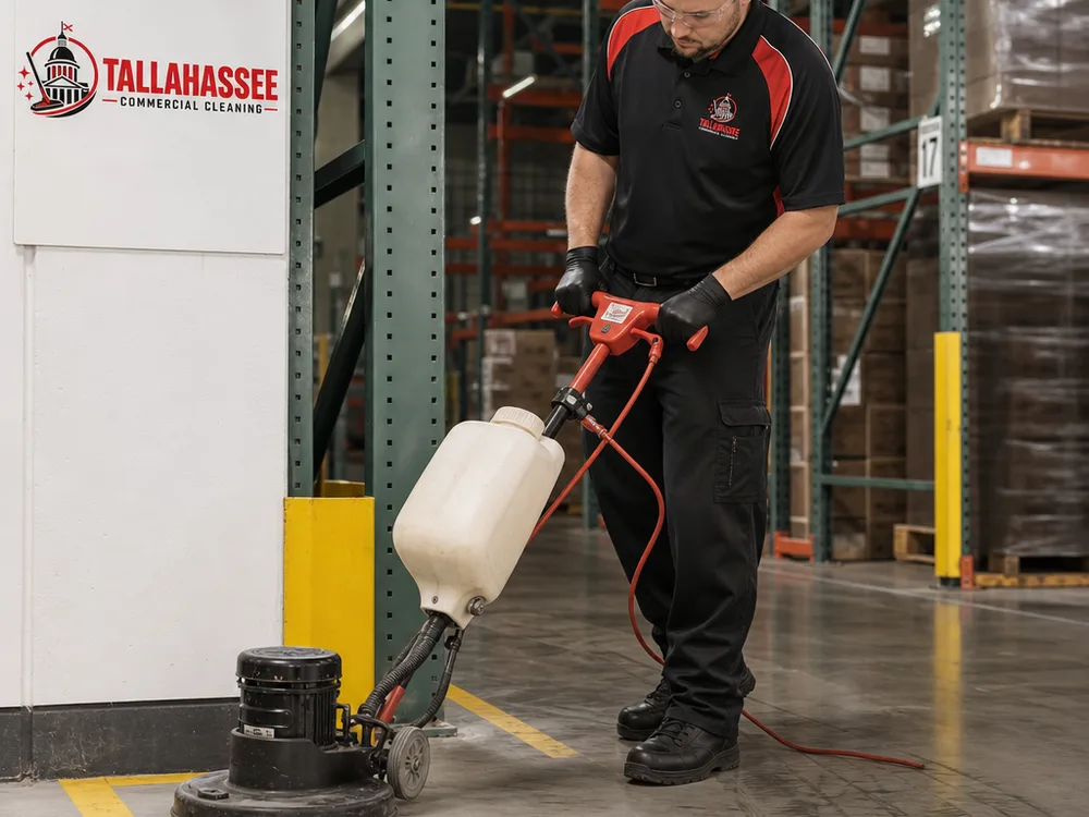Technician detailing concrete warehouse floor edges with a floor scrubber near safety striping and industrial racking