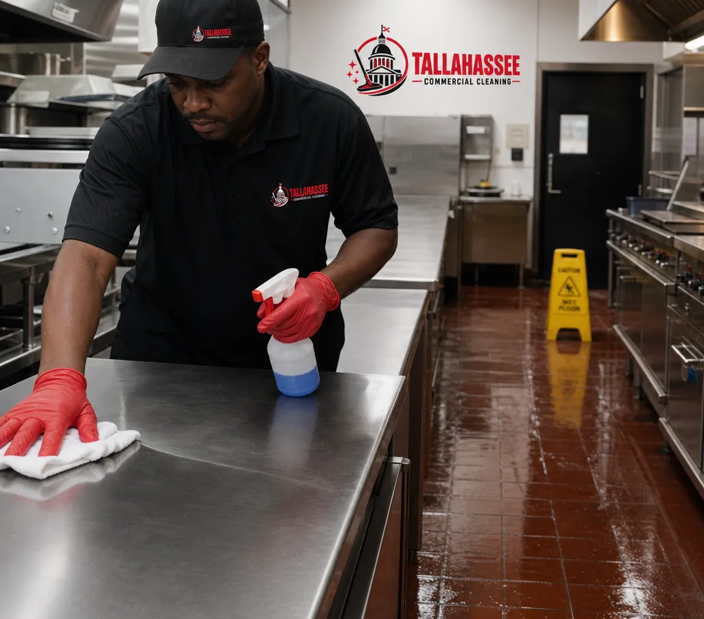 Cleaner wiping stainless prep tables near a restaurant line after hours with freshly scrubbed floors and caution cones