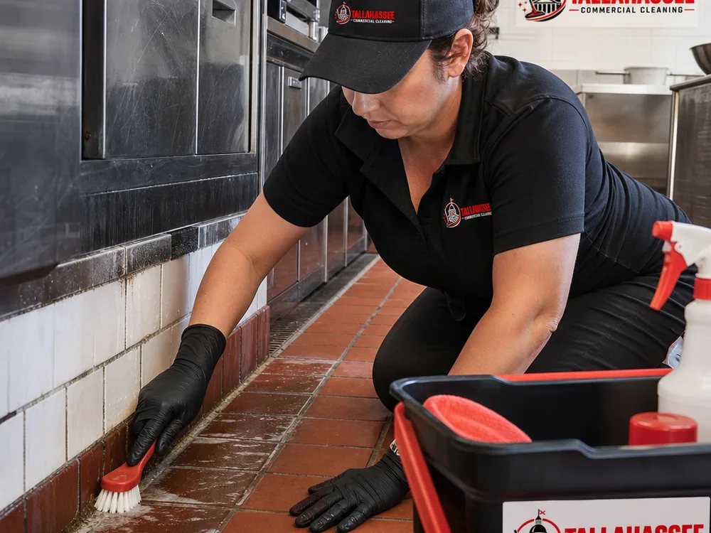 Cleaner hand-scrubbing greasy tile grout and baseboards behind a commercial cook line