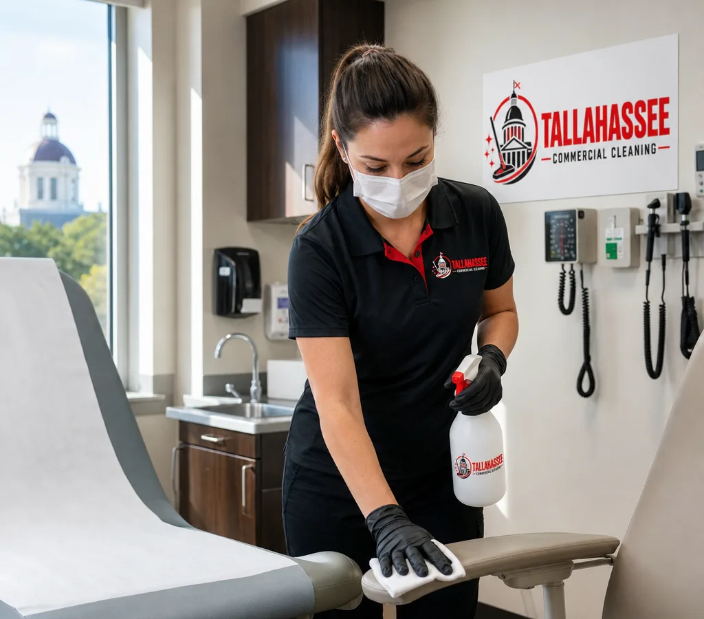 Professional cleaner in PPE disinfecting high-touch surfaces in a Tallahassee medical exam room