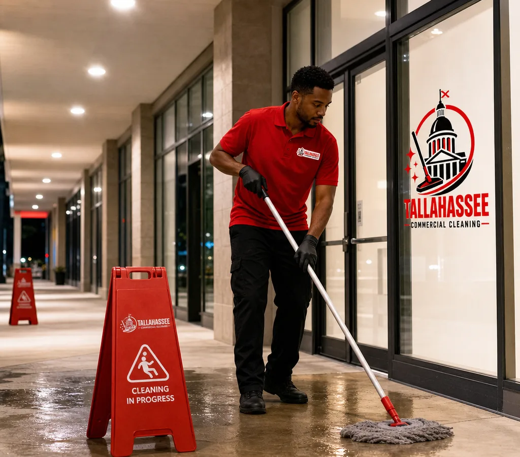 After-hours cleaning in a Tallahassee shopping plaza with a cleaner mopping the corridor
