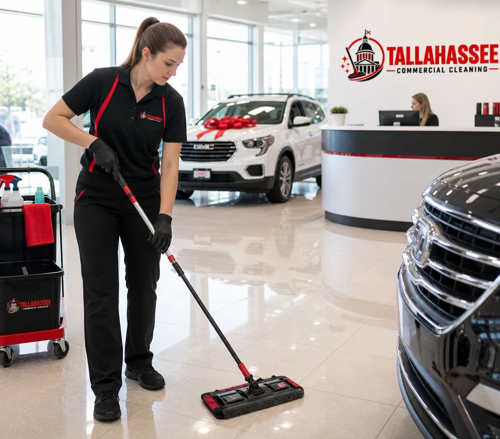 Bright, spotless car dealership showroom with reflective floors, clean glass, reception area, and vehicles on display
