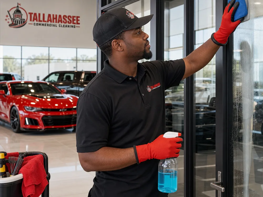 Cleaner detailing dealership glass doors and partitions while showroom lighting highlights streak-free results