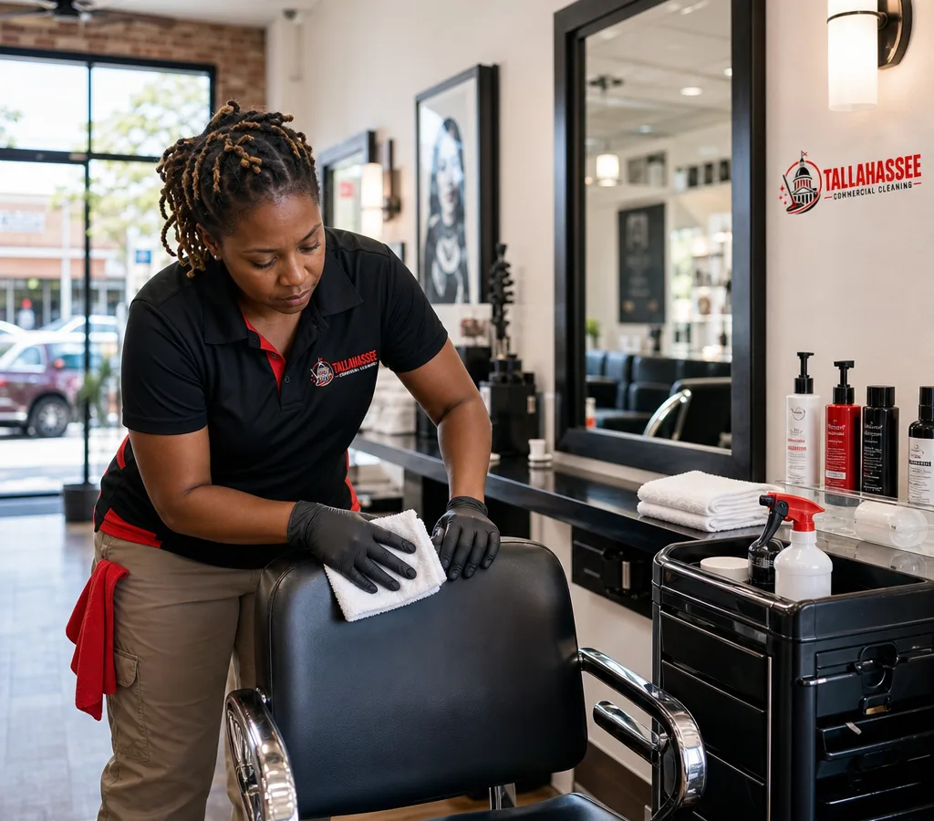 Professional cleaner disinfecting a salon styling station with clean towels and closed product containers nearby