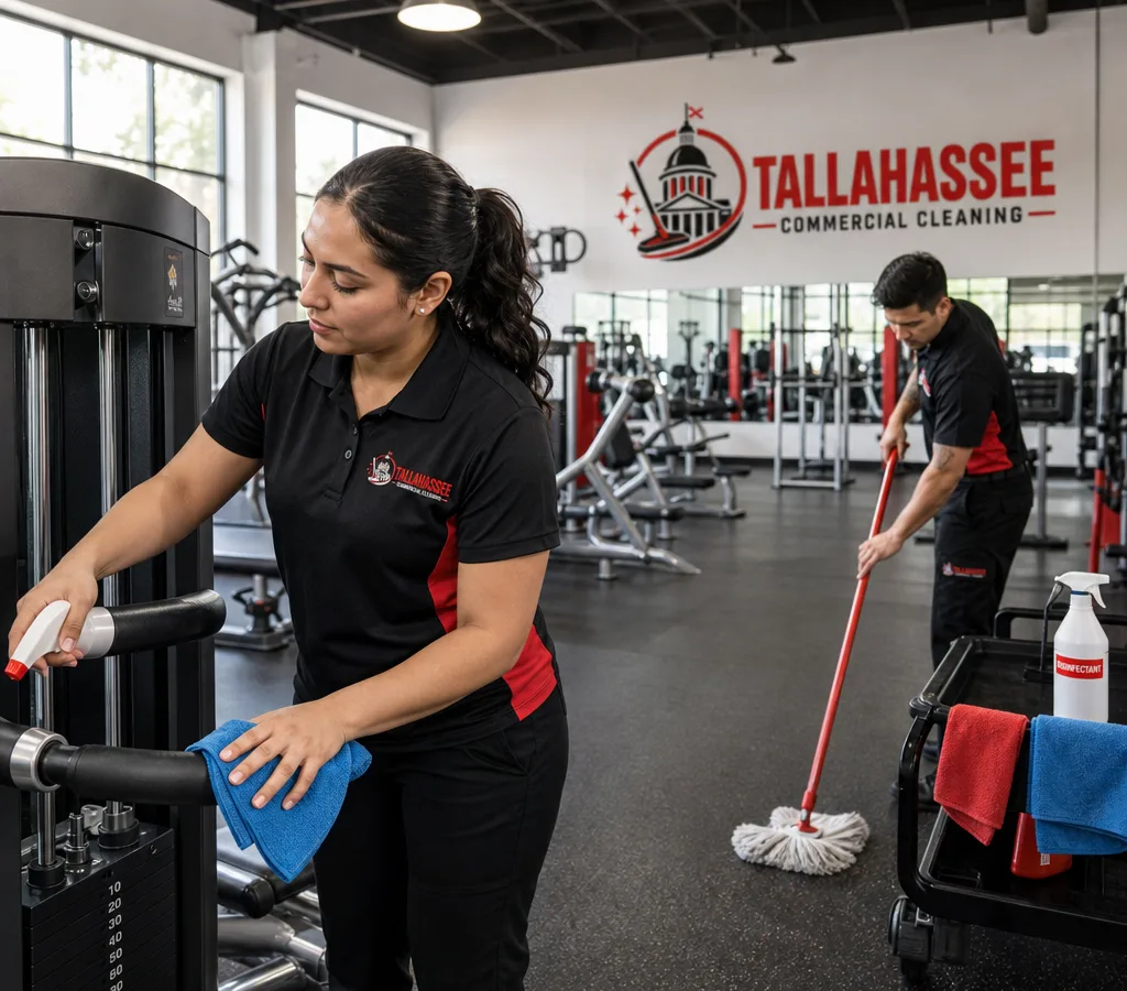 Cleaner disinfecting gym equipment while another technician mops a rubber gym floor during off-hours