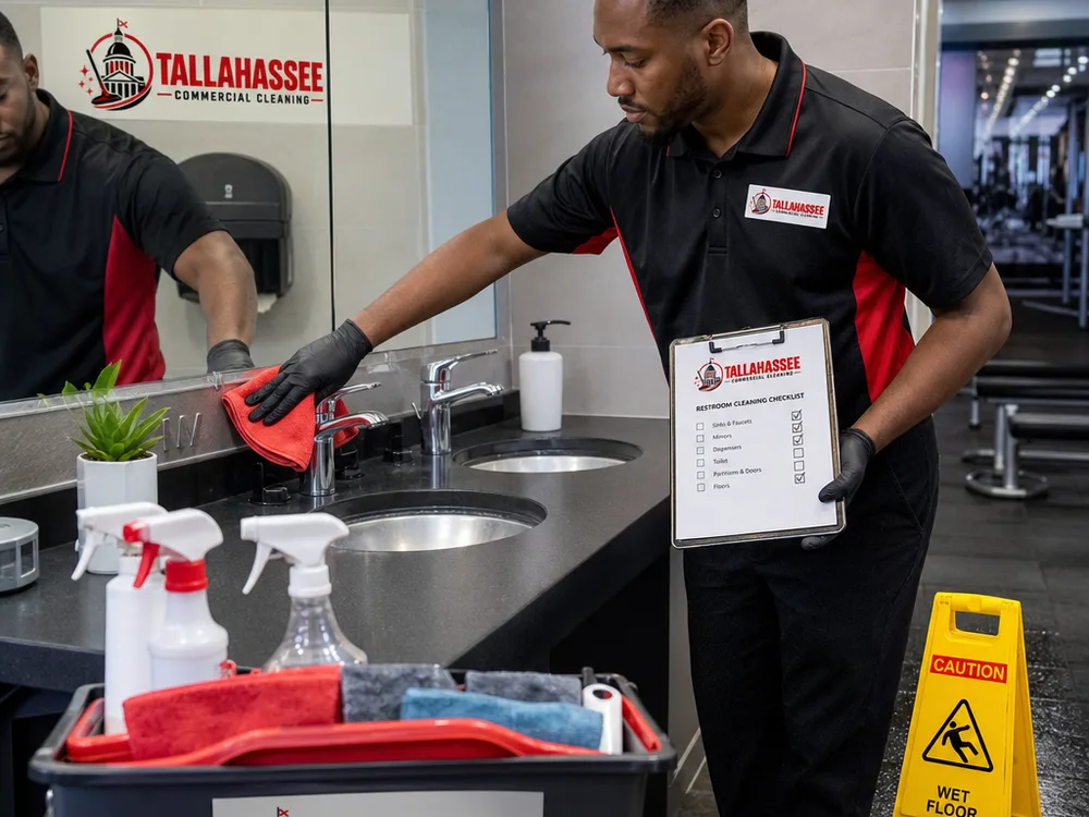 Technician disinfecting sinks and cleaning mirrors and tile floors in a gym restroom