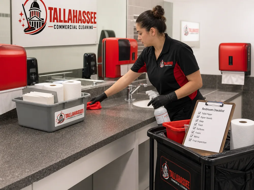 Cleaner restocking products and sanitizing fixtures in a commercial restroom while using a checklist